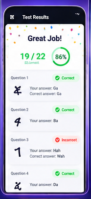 ZADOK test results screen showing 19 of 22 correct and 86 percent